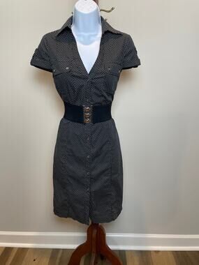 Express Size 6 Black White Polka Dot Button Up Dress Cap Sleeve